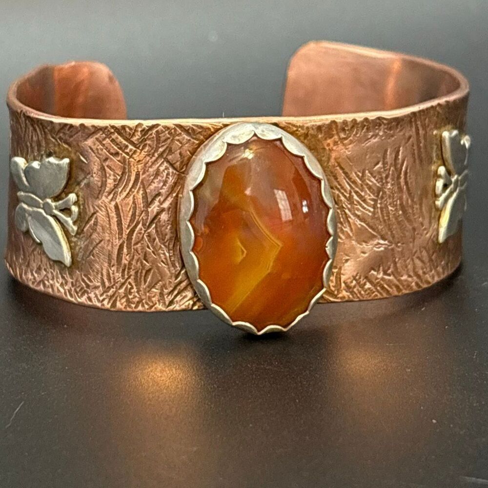 Copper and Sterling Silver Cuff w/Butterflies & Agate, NEW STRAITS TIMES, Handma